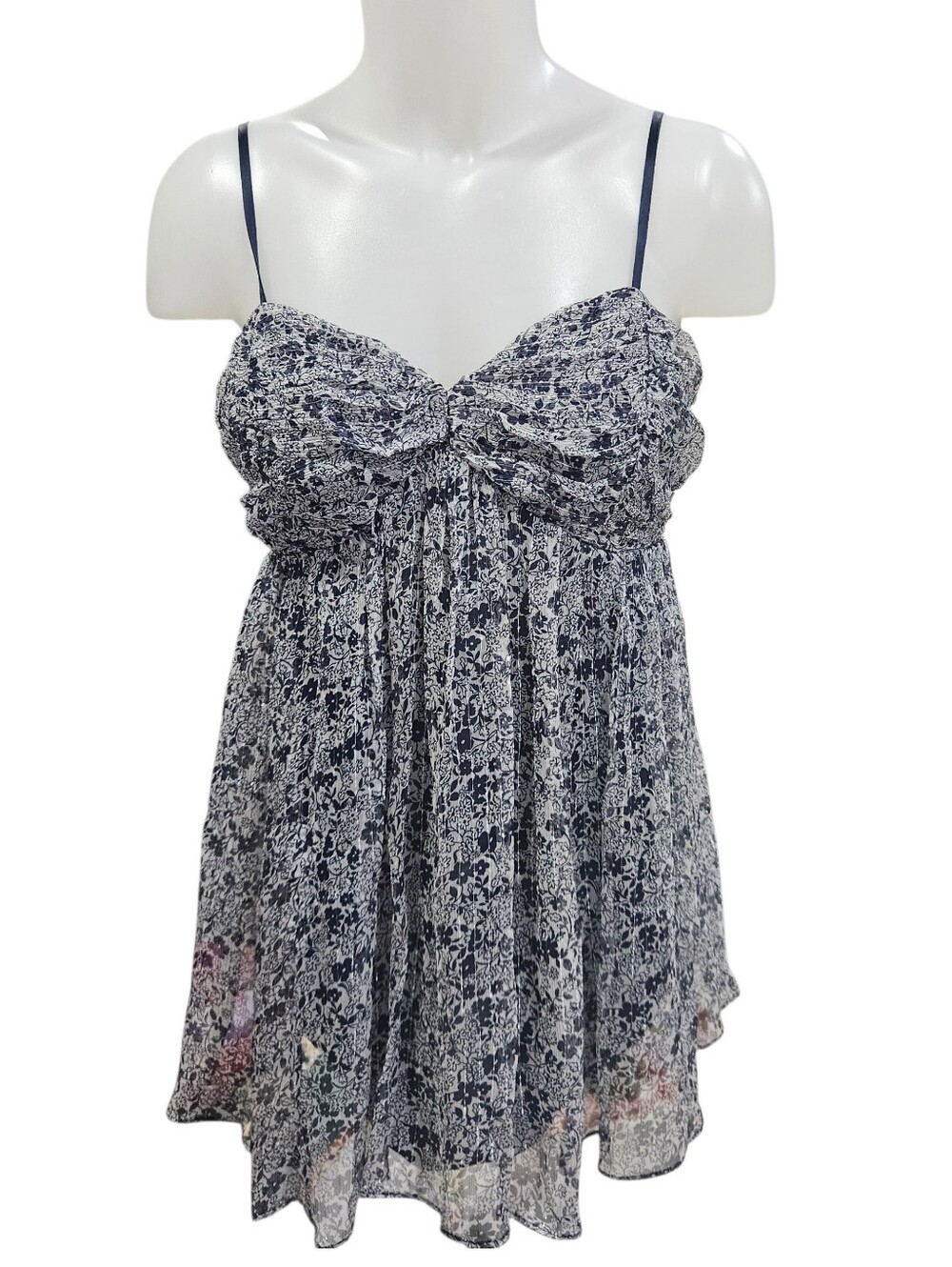 VTG ECI Blue Gray Micro Floral Silk Babydoll Semi Sheer Top Metallic Thread Sz M
